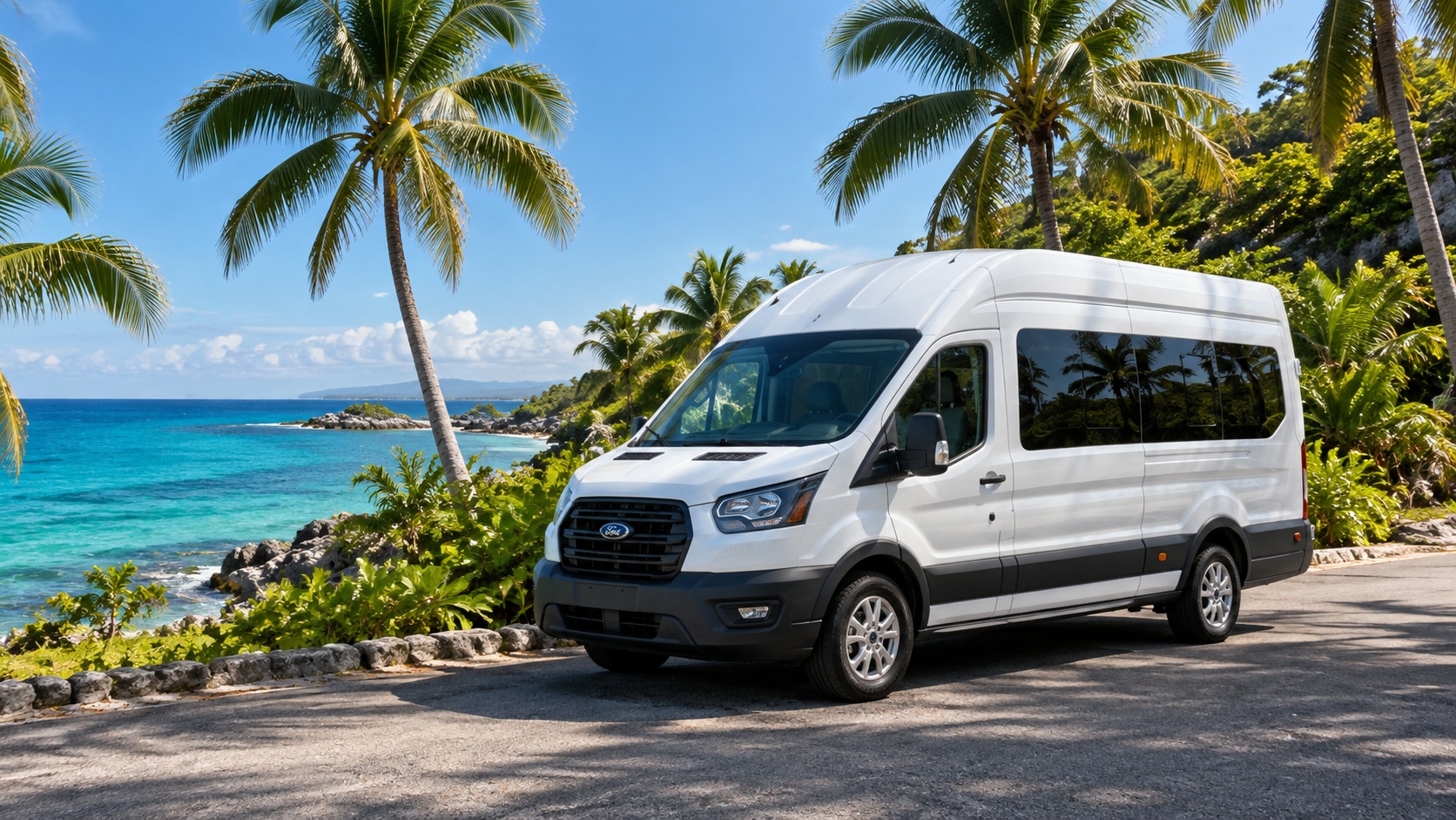 Illustrative white passenger van beside a tropical coast